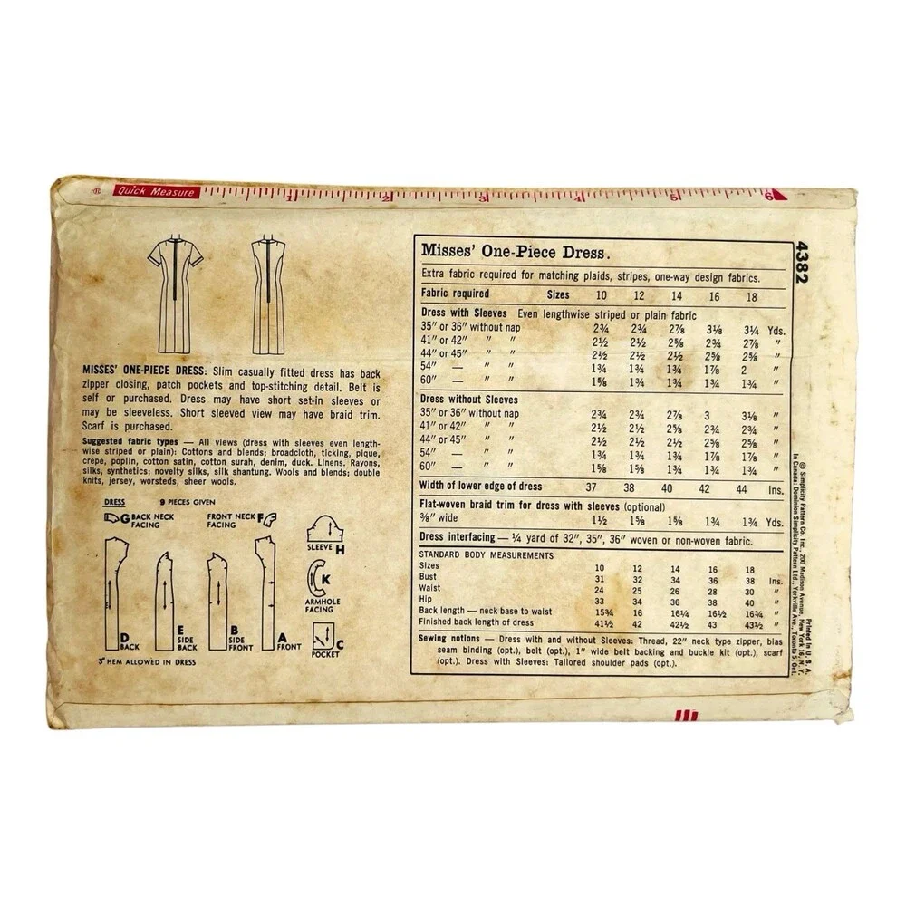 Vintage 1962 Simplicity Sewing Pattern Misses One-Piece Dress Sz 10 #4382